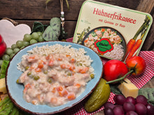 Laden Sie das Bild in den Galerie-Viewer, Hühnerfrikassee mit Gemüse & Reis 2 Kammer-Schale 350g