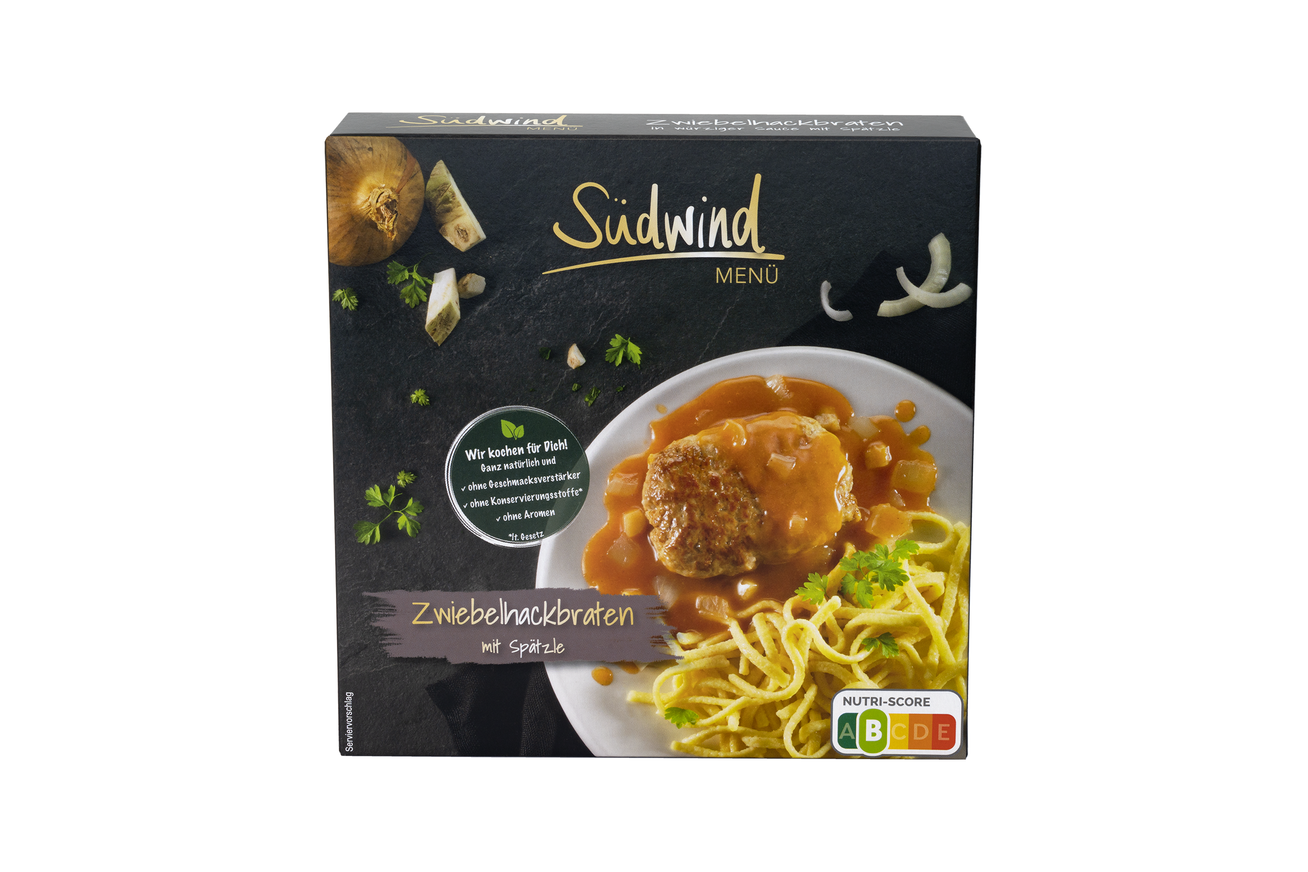 Südwind Zwiebel-Hackbraten aus Schweinefleisch in würziger Sauce mit Spätzle 375g