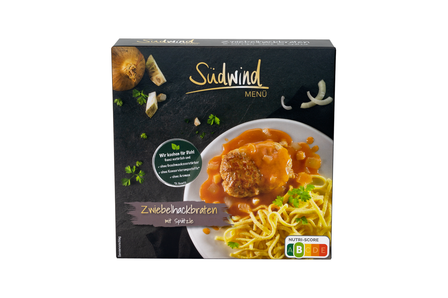 Südwind Zwiebel-Hackbraten aus Schweinefleisch in würziger Sauce mit Spätzle 375g